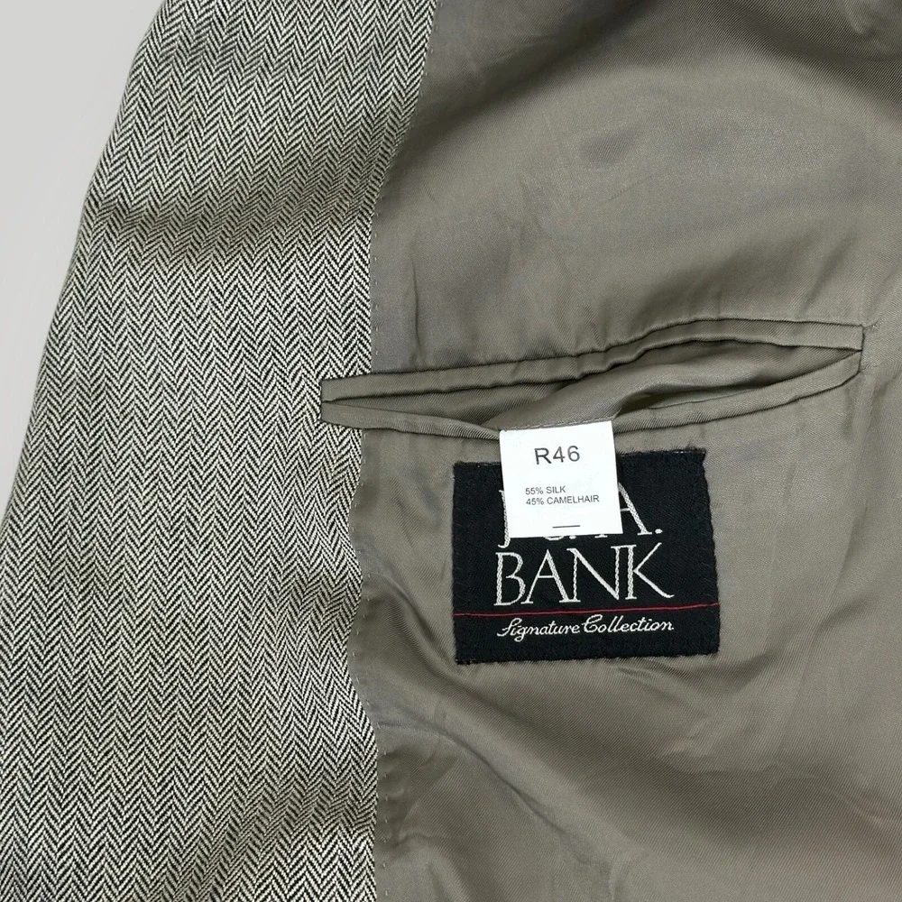 Jos‎ A Bank Gray  Herringbone Sport Coat Silk Camel Hair Mens 46R Fully Lined